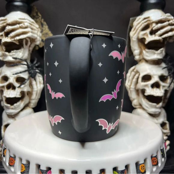 Cobwebs & Cauldrons Halloween Soft Touch Black - Pink & Silver Trim Bat Mug x2 - Picture 8 of 12